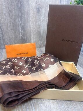 Louis Vuitton Monogram Gradient Silk Scarf • Brown Beige Checkered LV Wrap •Lux
